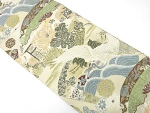 アンティーク　巻物に鶴・花模様織り出し丸帯（着用可）